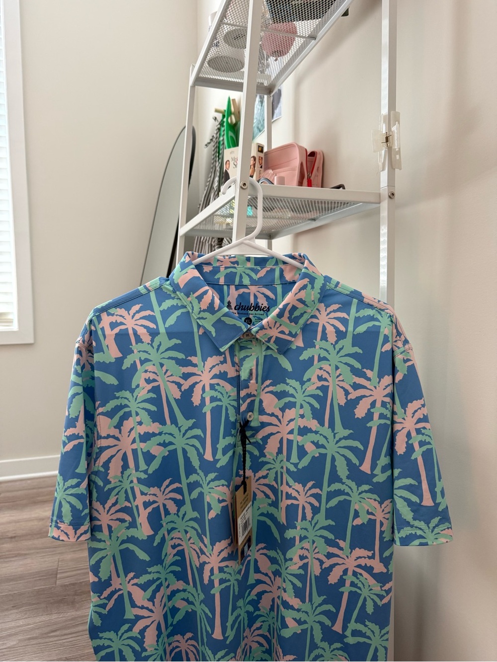 chubbies: Blue Short Sleeve Palm-Print Polo with Pink and Green Palm Trees